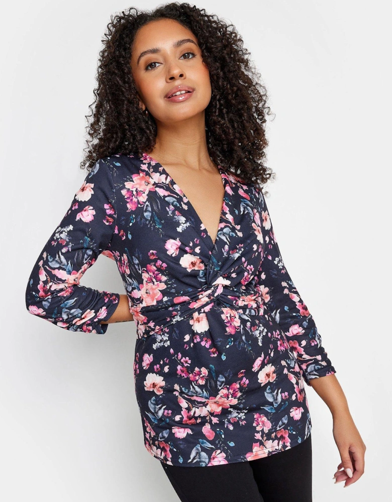 Petite Navy Floral Twist Front Long Sleeve Top