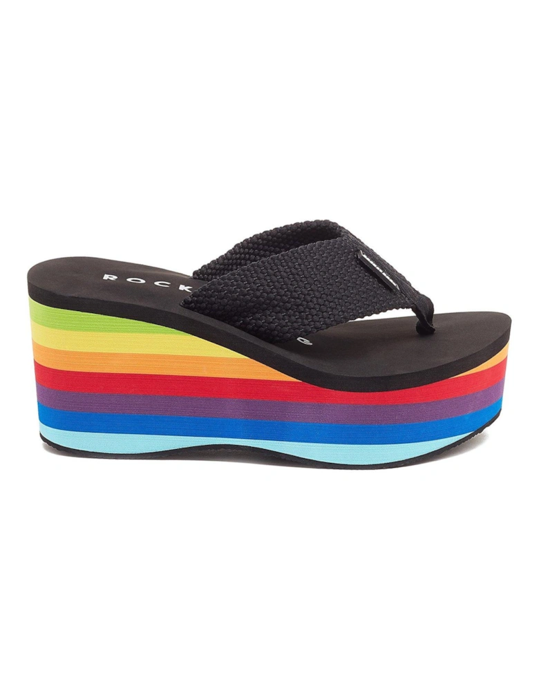 Crush Toe Post Rainbow Wedged Sandals - Black