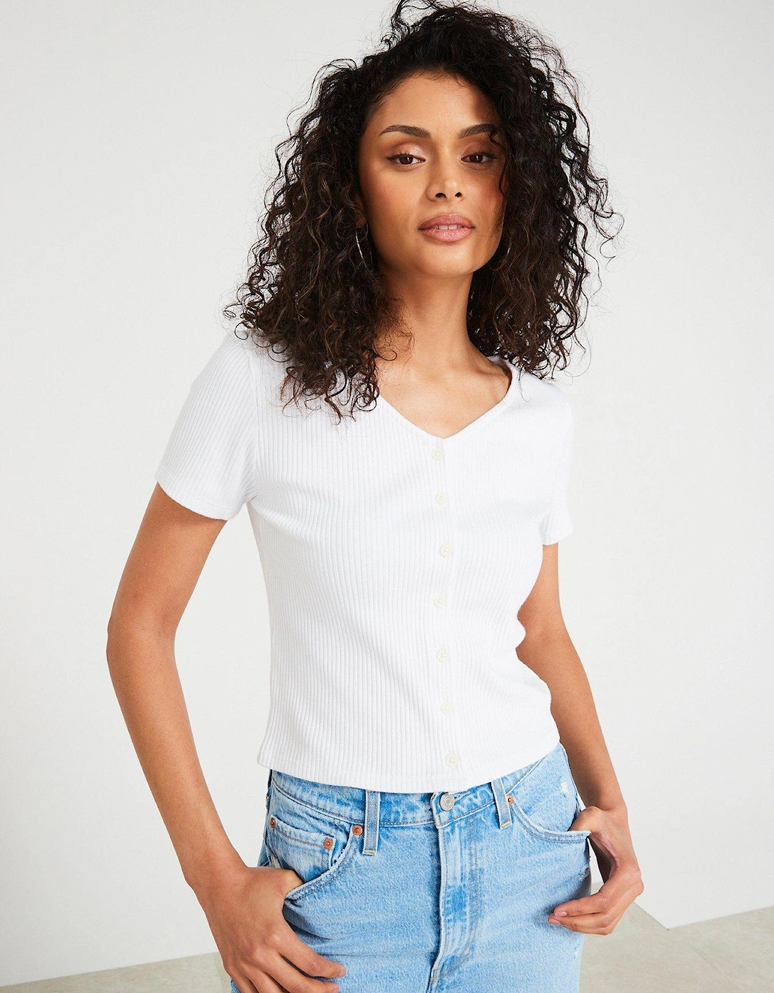 Monica Short Sleeve Ribbed Button Down T-shirt - White, 7 of 6