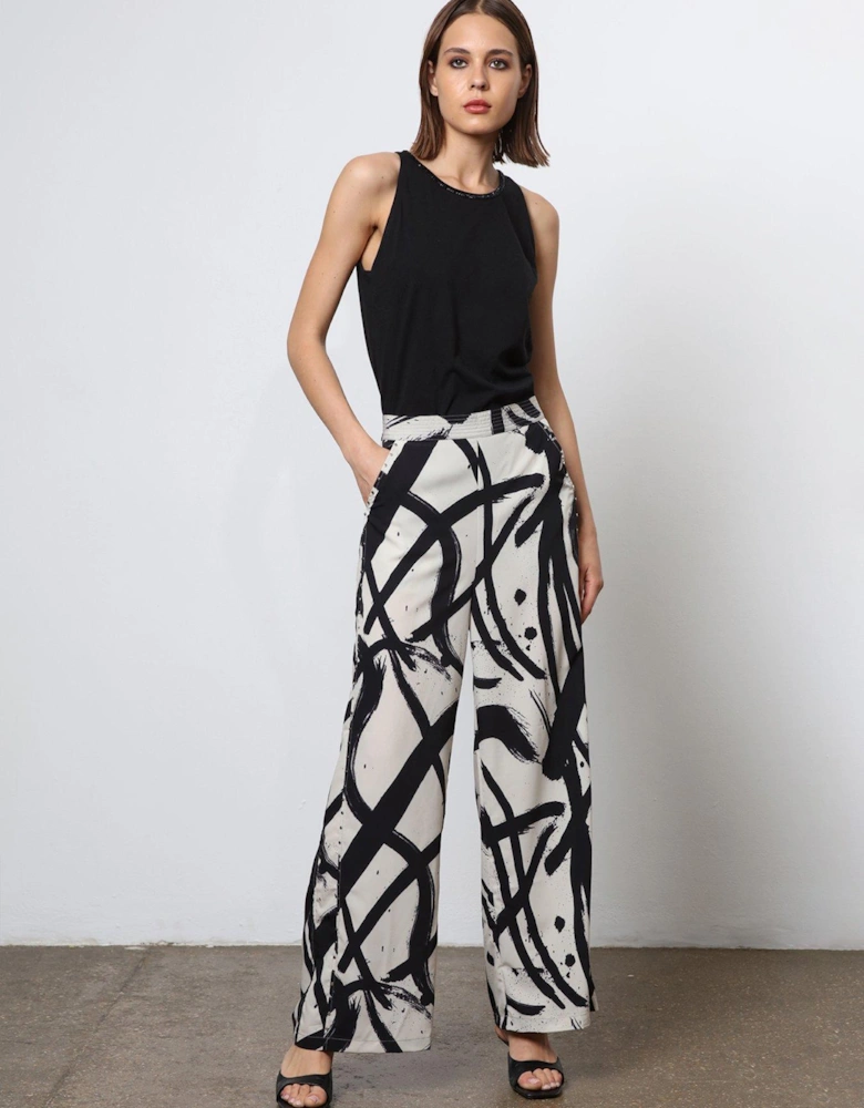 Abstract Wide Leg Trousers - White