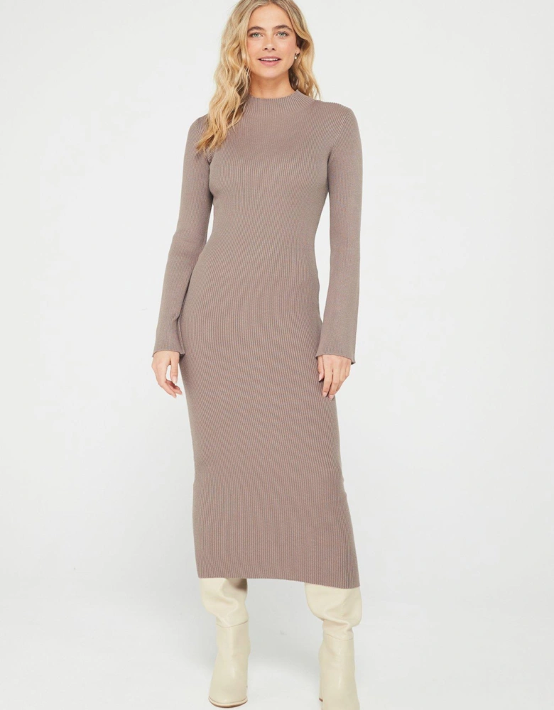 High Neck Stripe Midi Dress - Brown