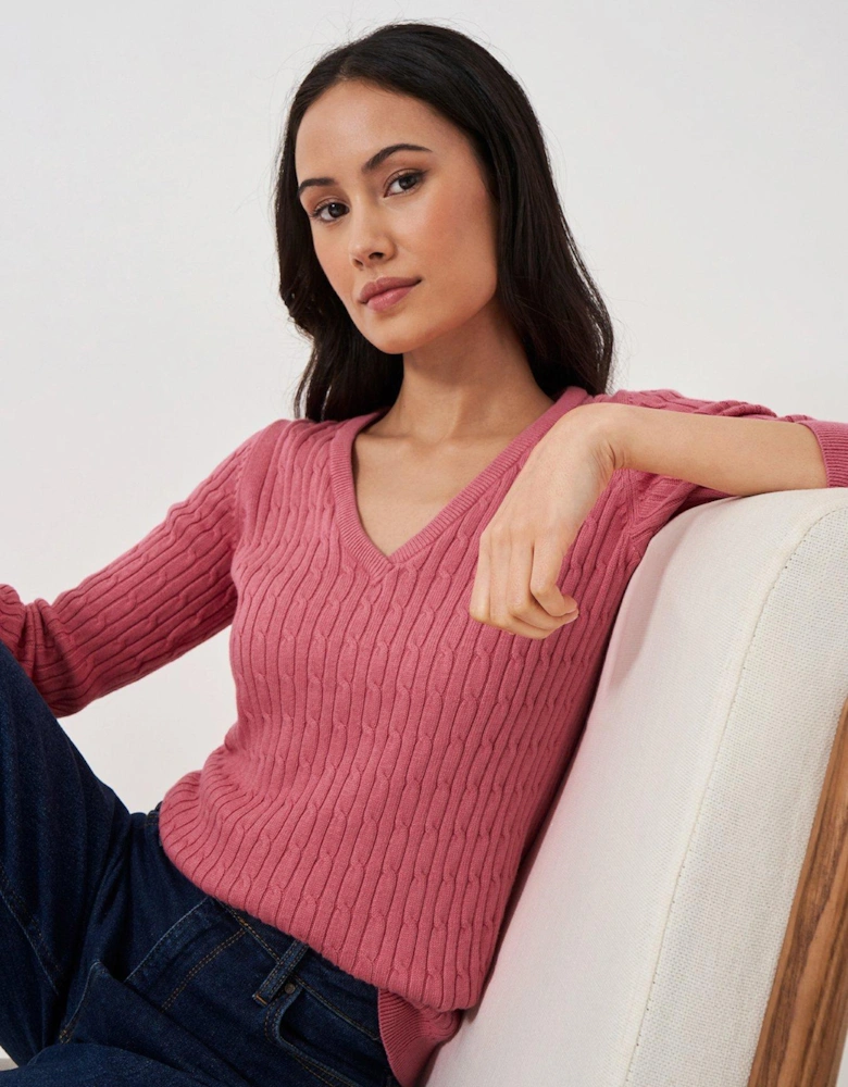 Heritage Cable Knit V Neck Jumper - Pink