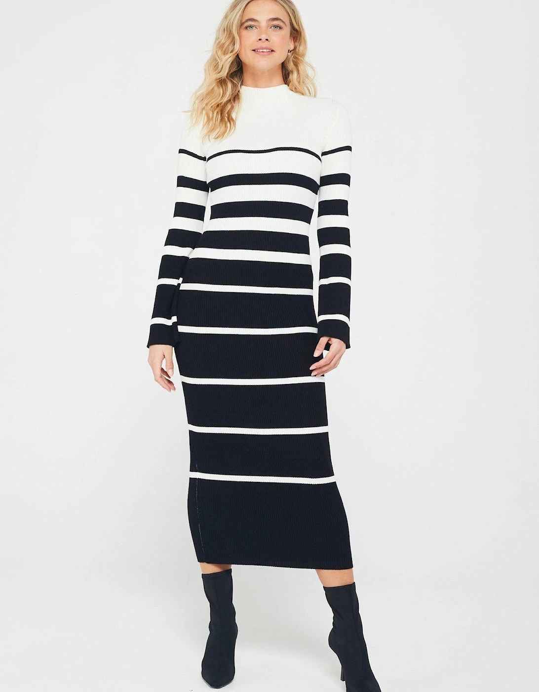 High Neck Stripe Knitted Midi Dress - Black and Ivory, 7 of 6