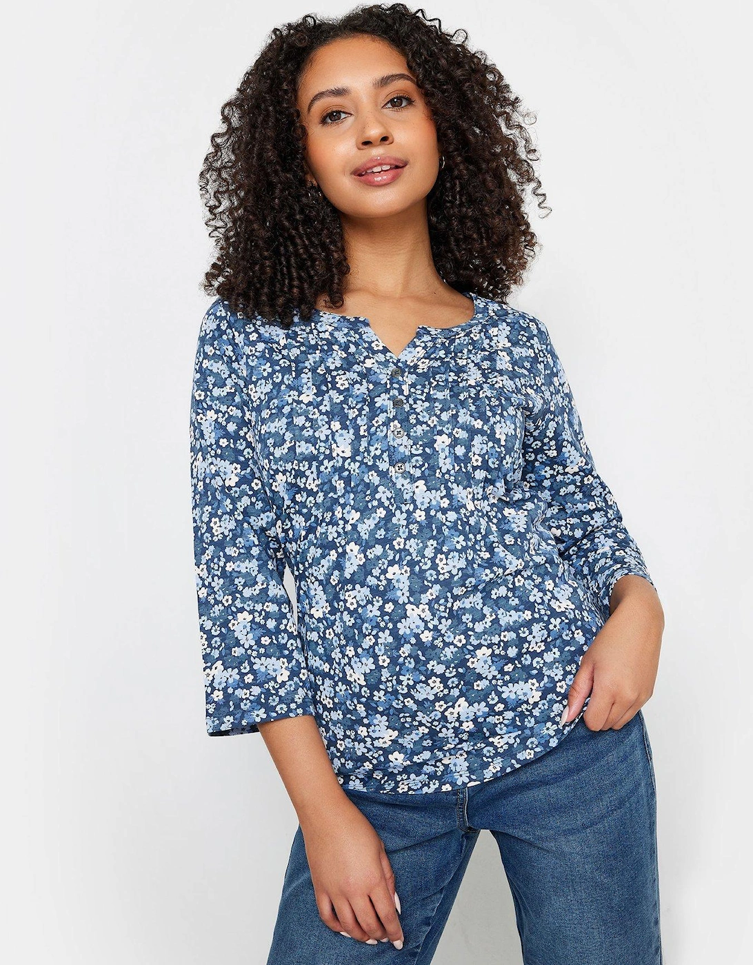 Petite Floral Blue Henley Top, 2 of 1