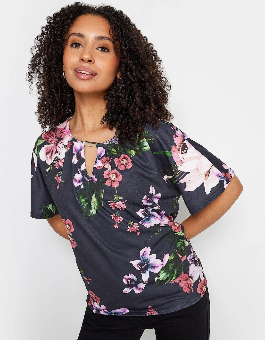 Petite Navy Floral Keyhole Short Sleeve Top, 2 of 1