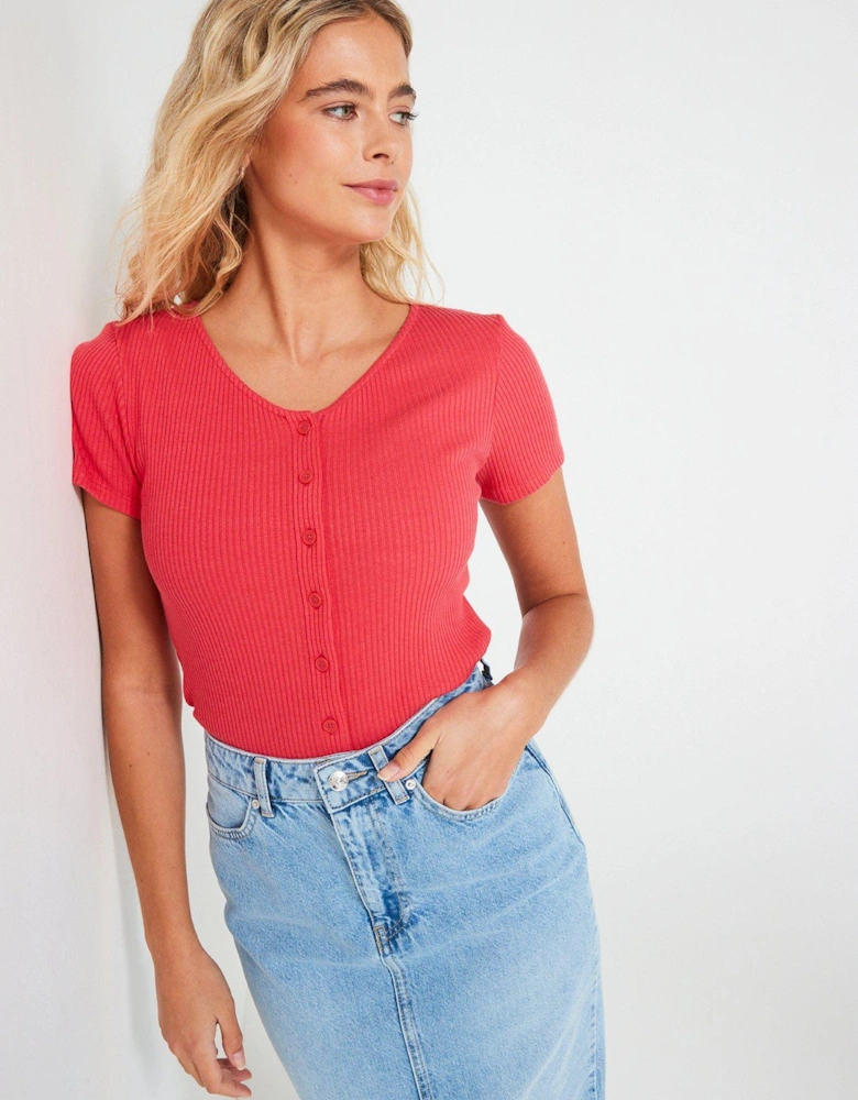 Monica Short Sleeve Ribbed Button Down T-shirt - Coral Red