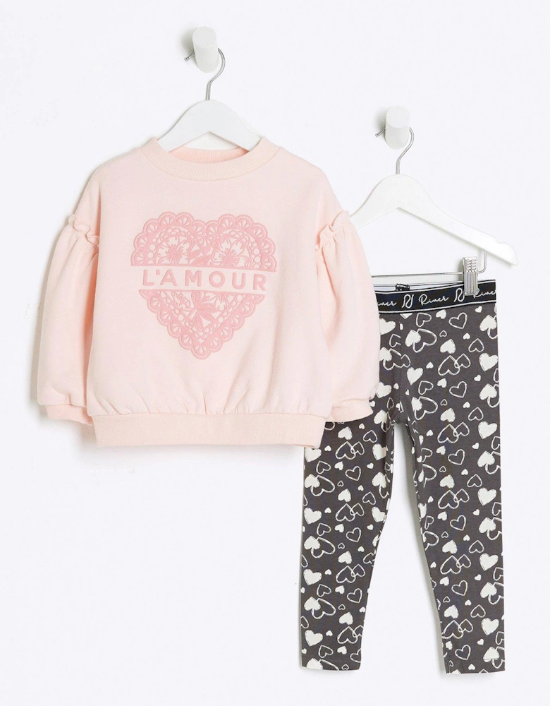 Mini Mini Girls Heart Embossed Sweatshirt Set - Pink