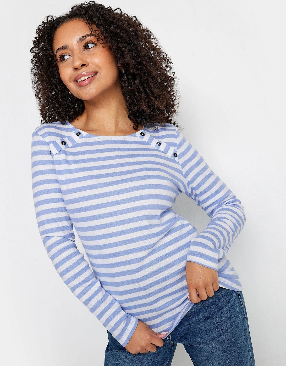 Petite Blue And White Button Through Detail Stripe Ls T-Shirt, 2 of 1