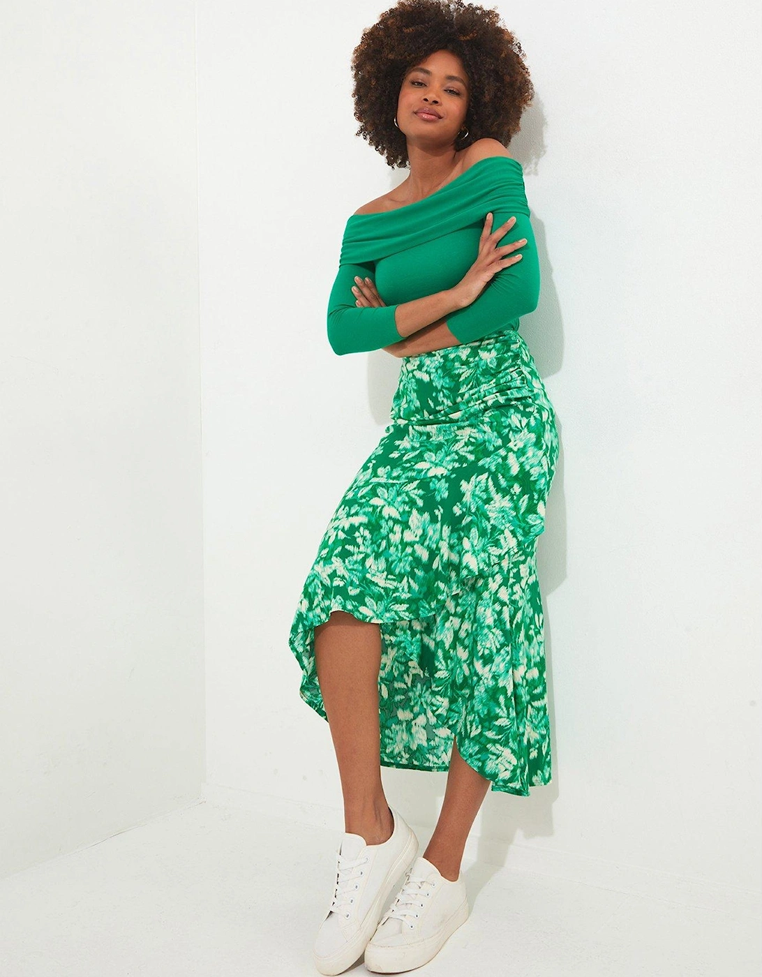 Printed Frill Midi Skirt - Green, 2 of 1