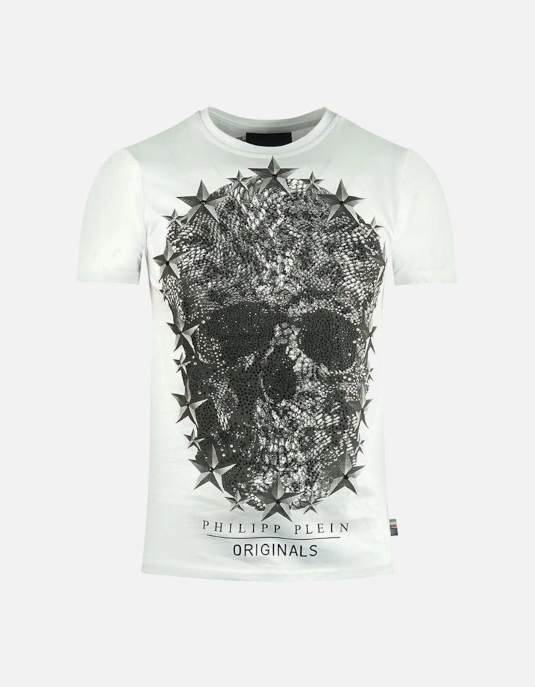 Lincon Large Skull Crystal Design White T-Shirt