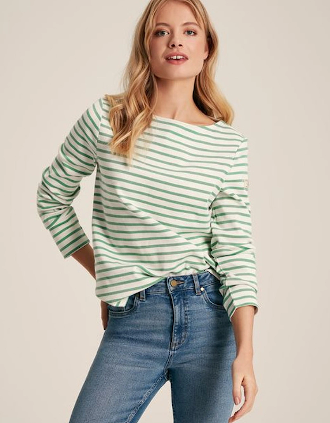 Women's New Harbour Relaxed Fit Boat Neck Breton Top Green/White Stripe, 7 of 6