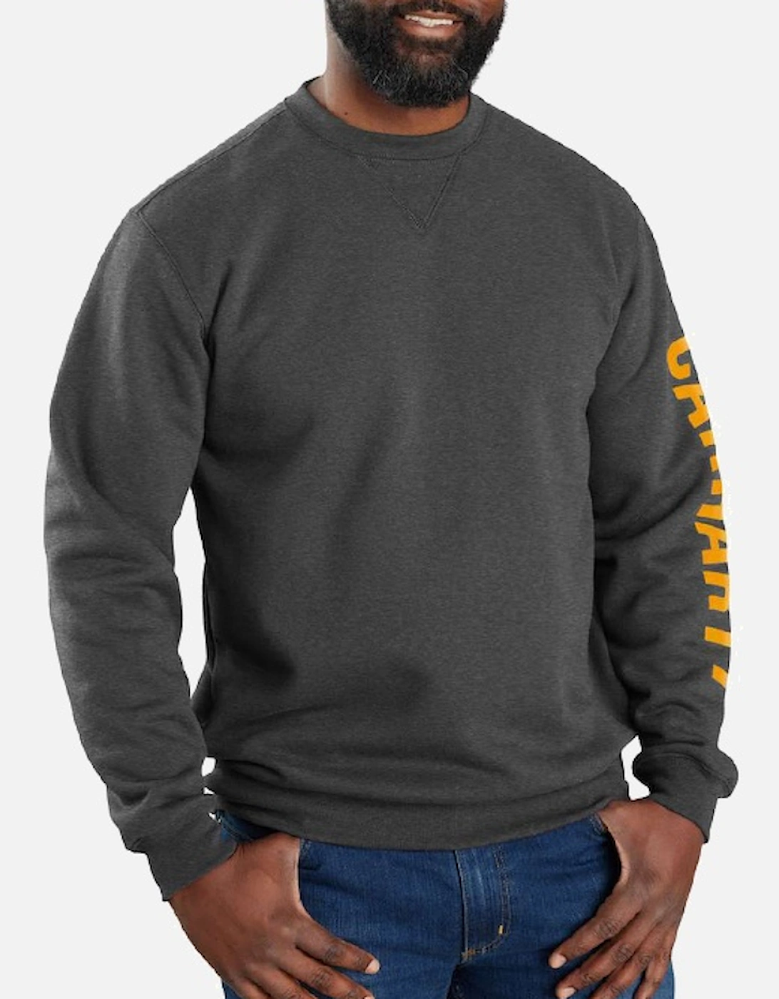 Carhartt Men's Loose Fit Midweight Crewneck Logo Sleeve Graphic Sweatshirt Carbon Heather