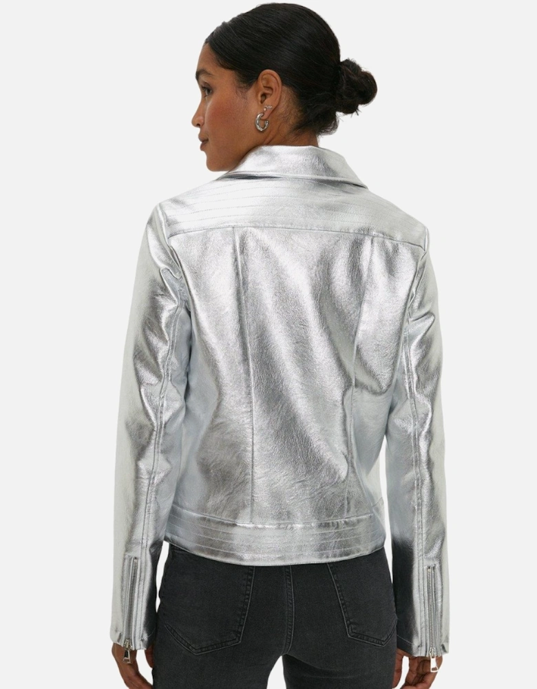 Womens/Ladies Metallic Faux Leather Biker Jacket