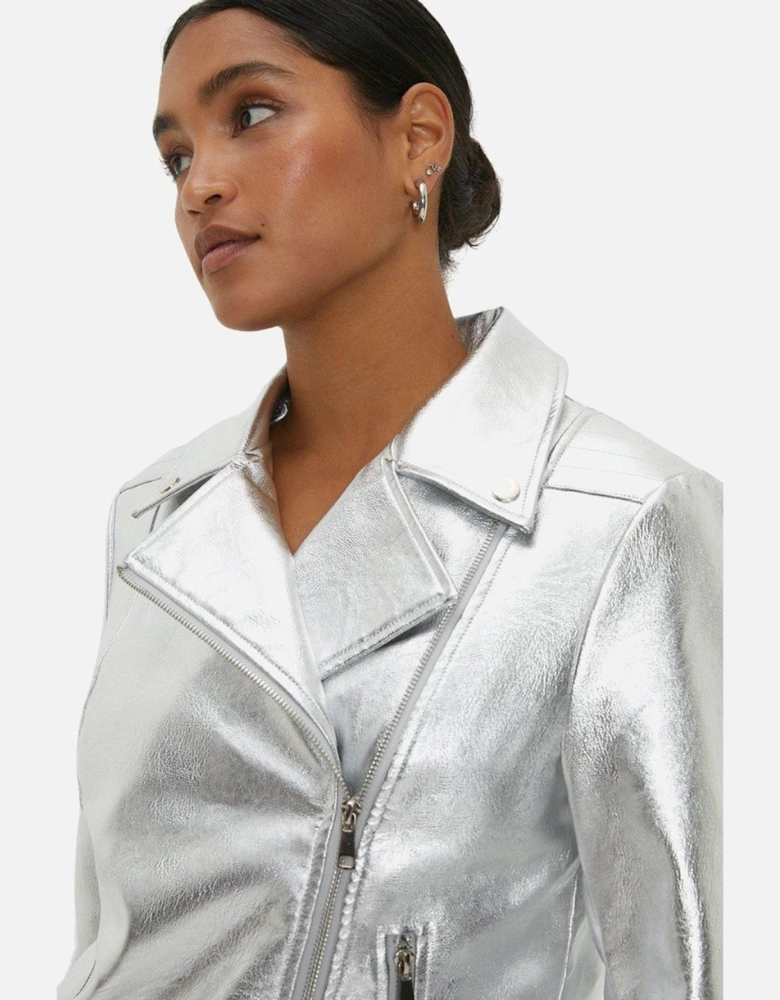 Womens/Ladies Metallic Faux Leather Biker Jacket