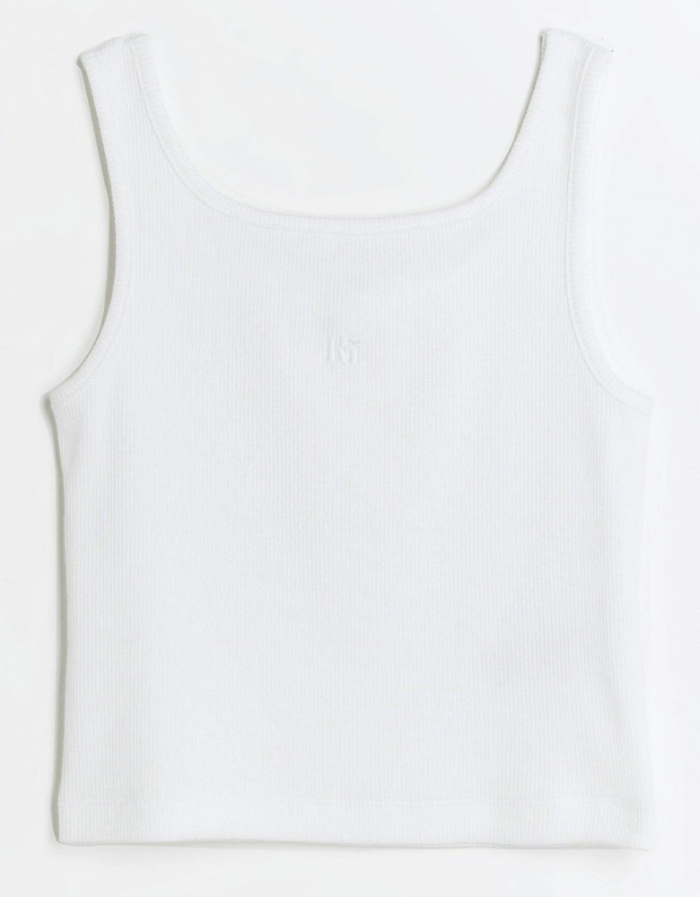 Girls Rib Embroidered Logo Crop Vest - White