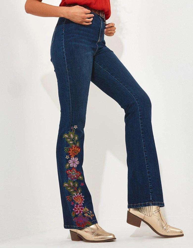 Embroidered Wide Leg Jeans - Blue