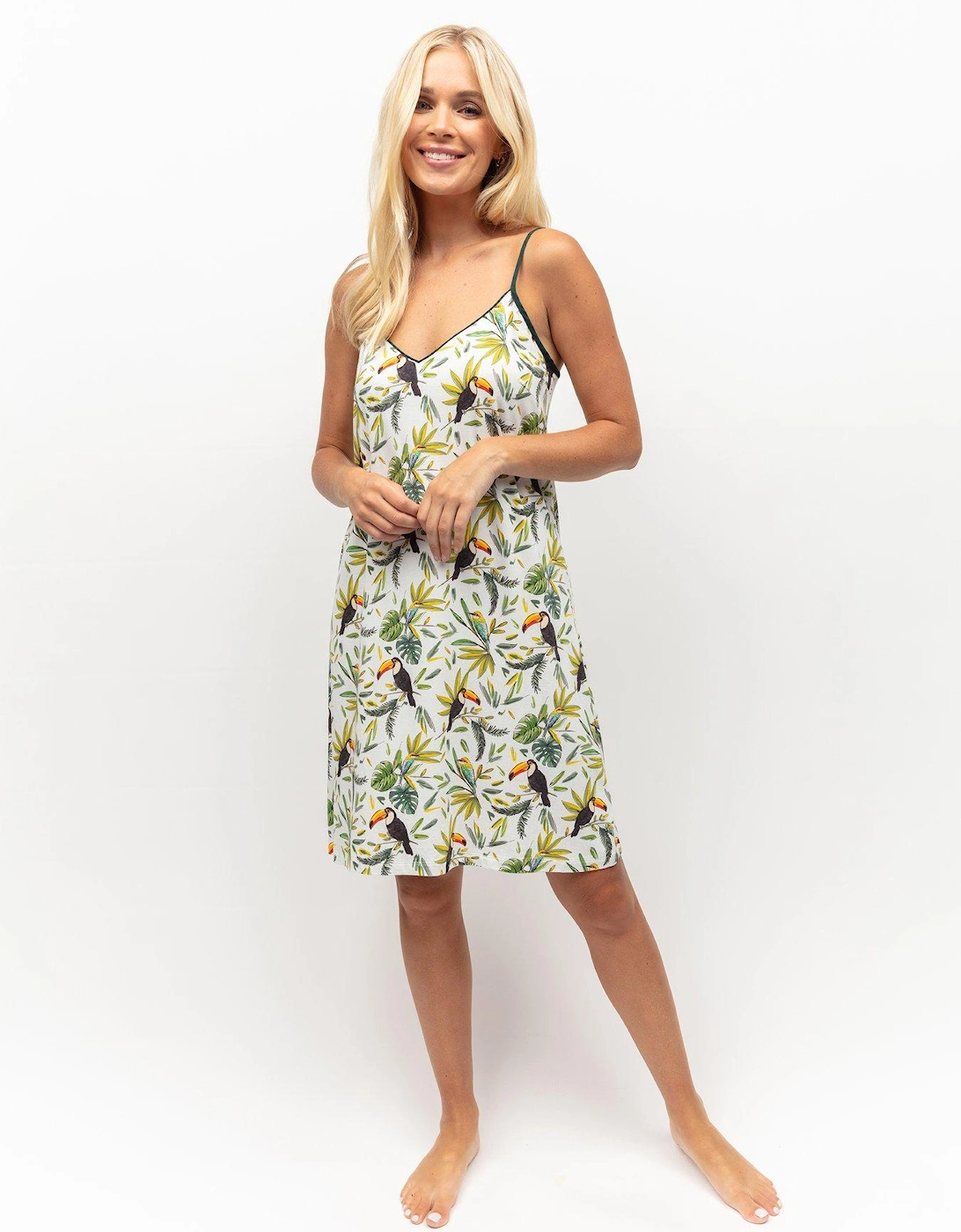 White Toucan Printed Jersey Strappy Short Nightdress, 2 of 1