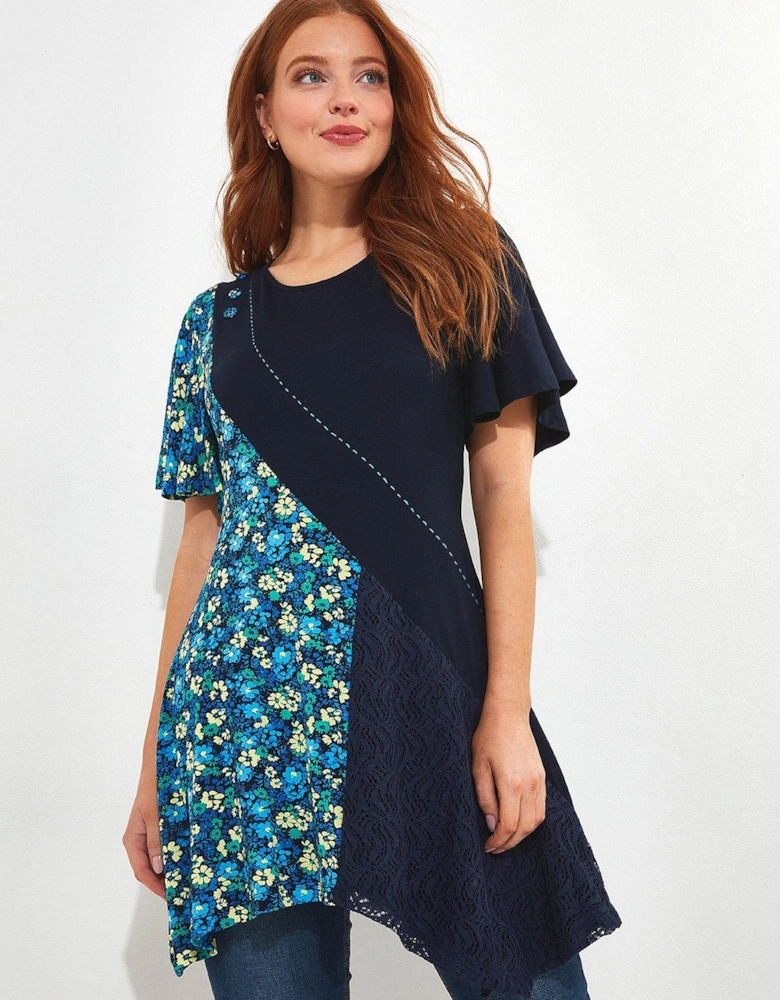 Printed Panelled Tunic Top - Blue