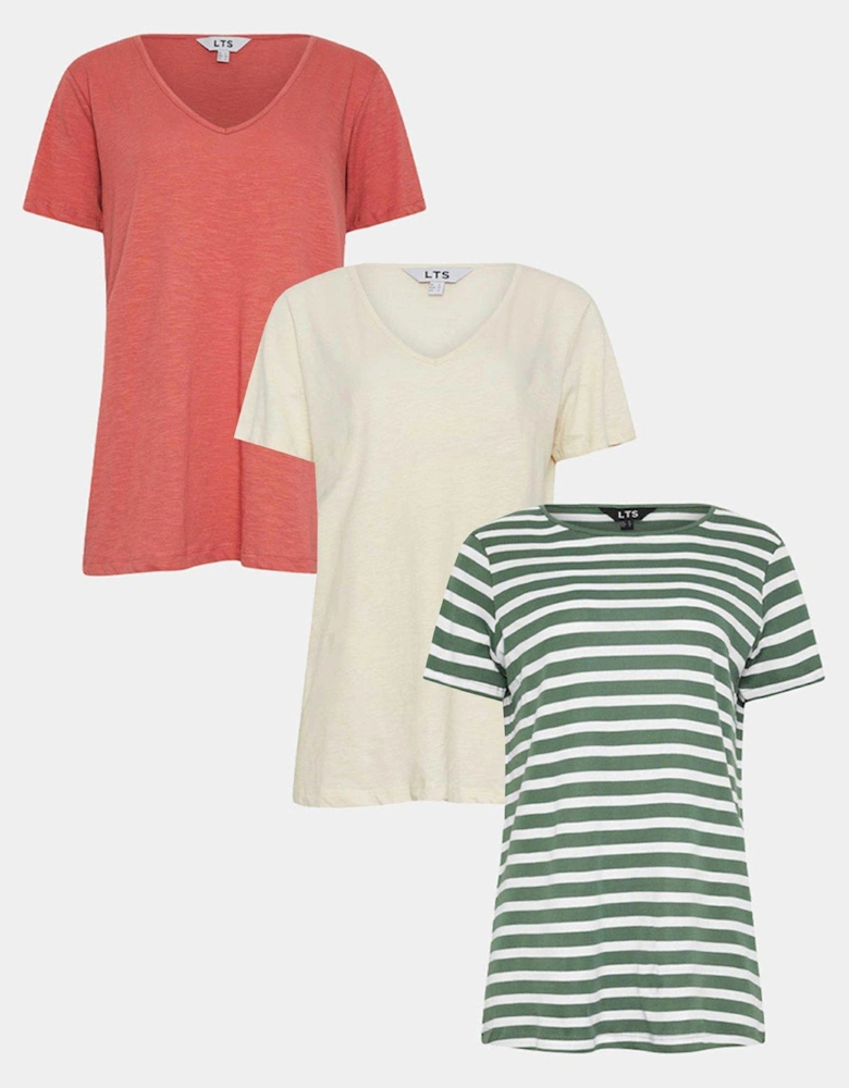 Tall 3 Pack Short Sleeve V Neck Tee - Natural, Red, Khaki Stripe