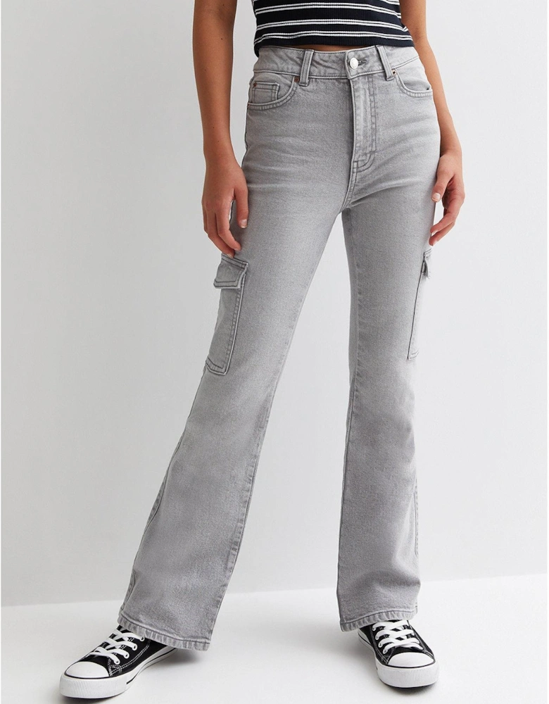Girls Grey High Waist Flared Cargo Jeans