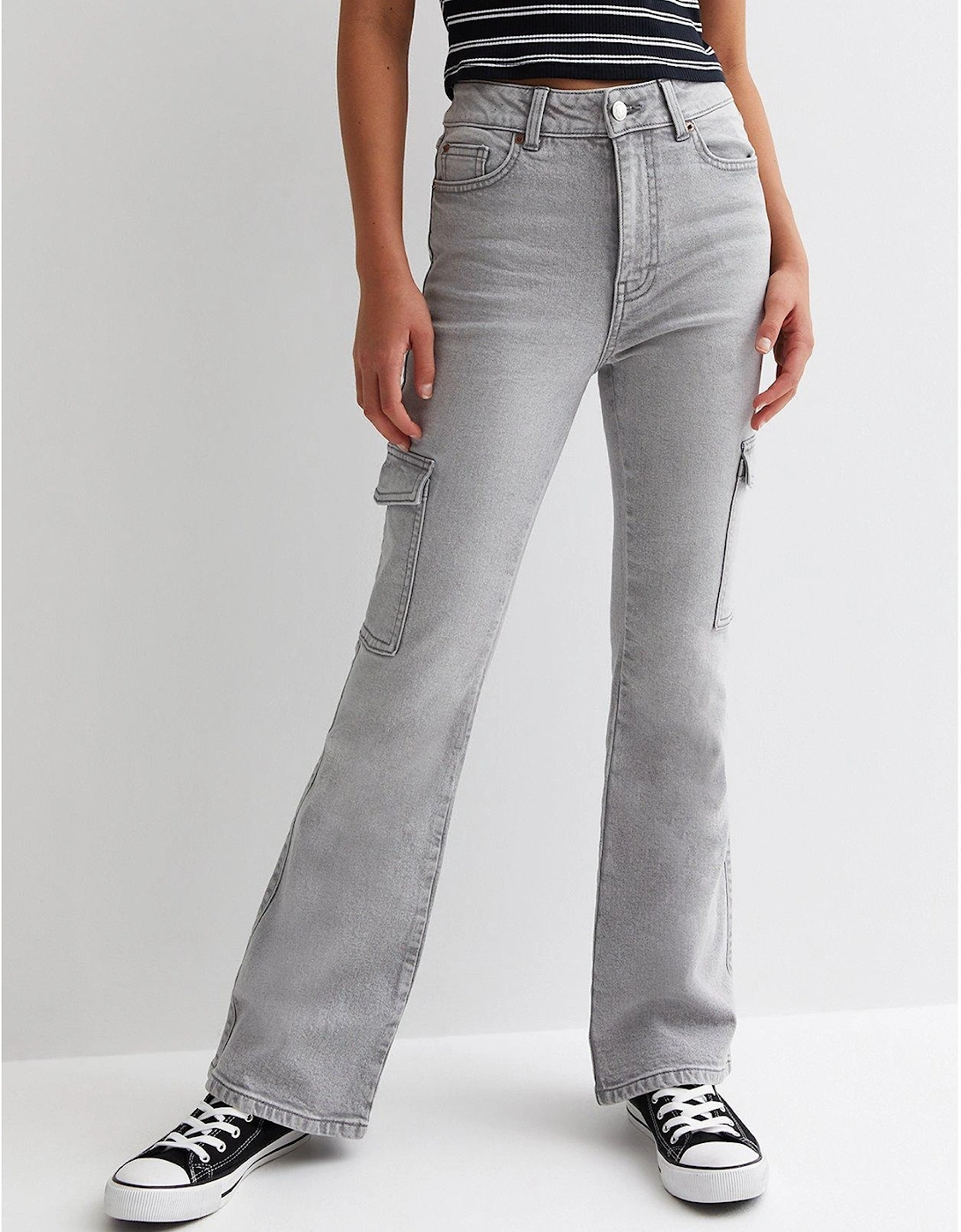 Girls Grey High Waist Flared Cargo Jeans, 5 of 4
