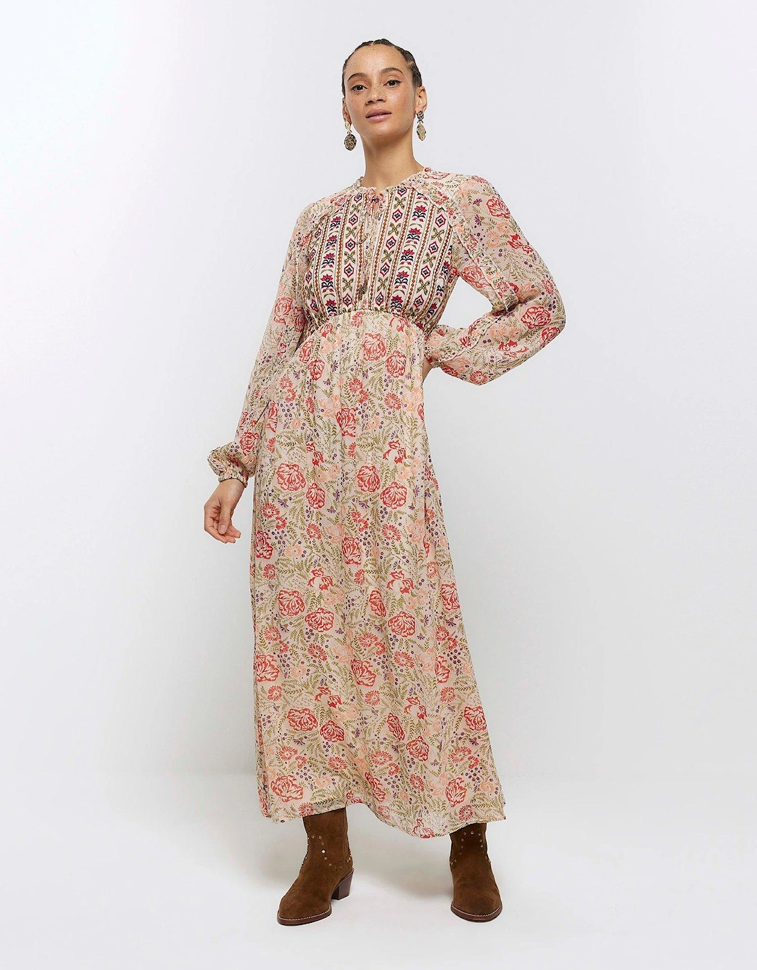Floral Embroidered Smock Midi Dress - Cream, 6 of 5
