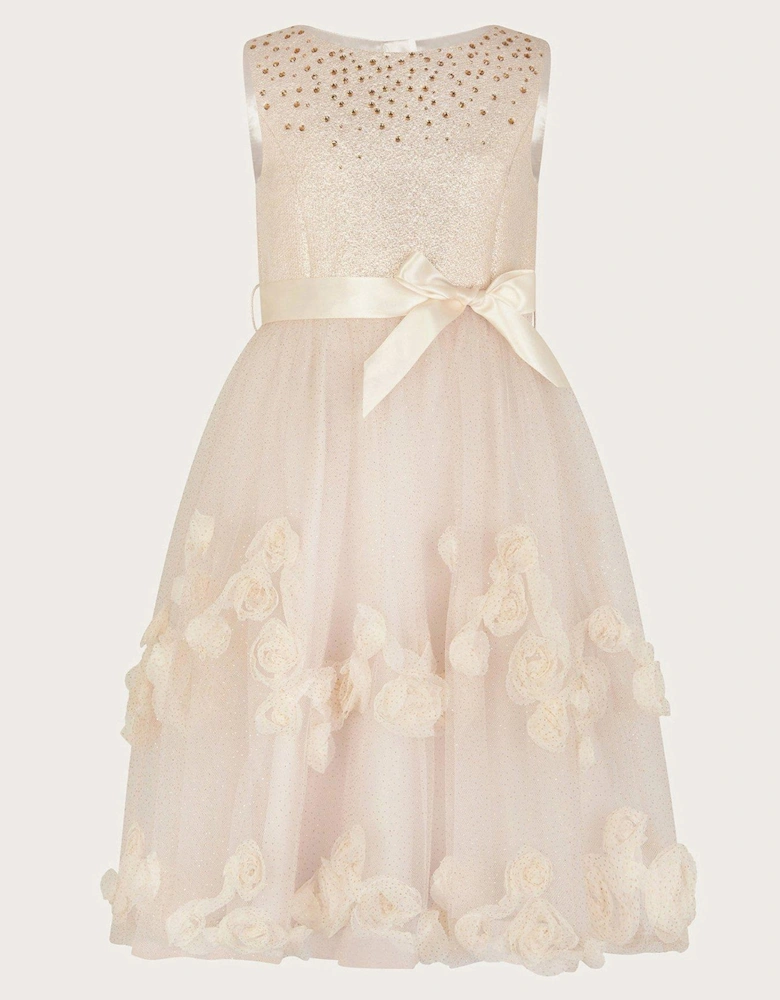 Girls Amber Diamante 3D Roses Dress - Gold