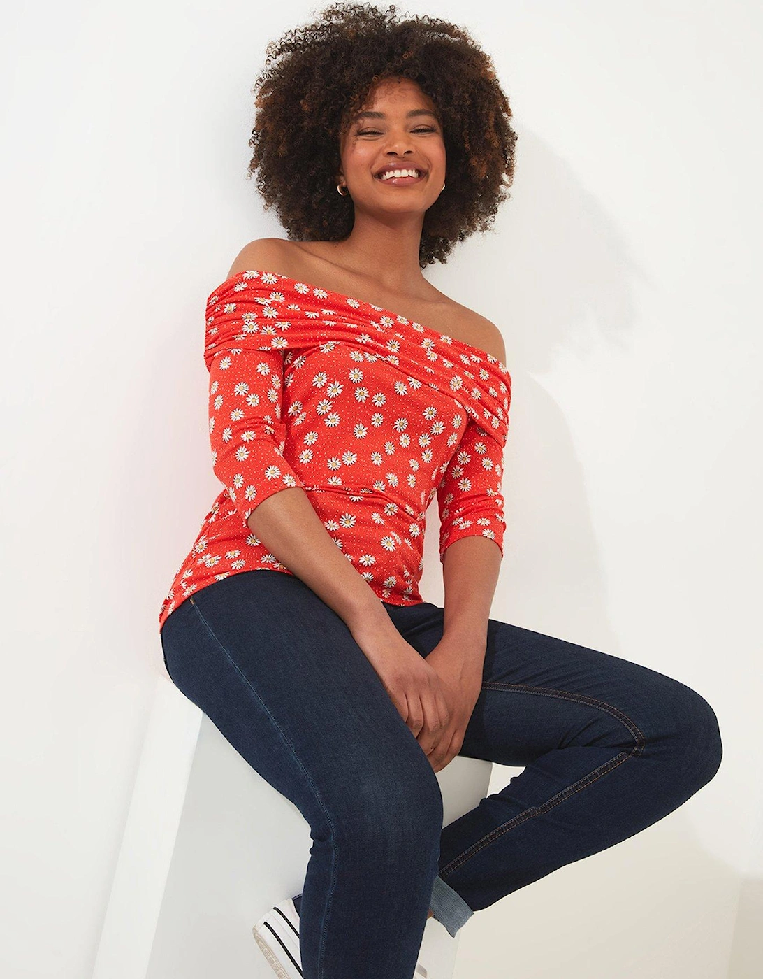 Daisy Printed Bardot Jersey Top - Red, 2 of 1