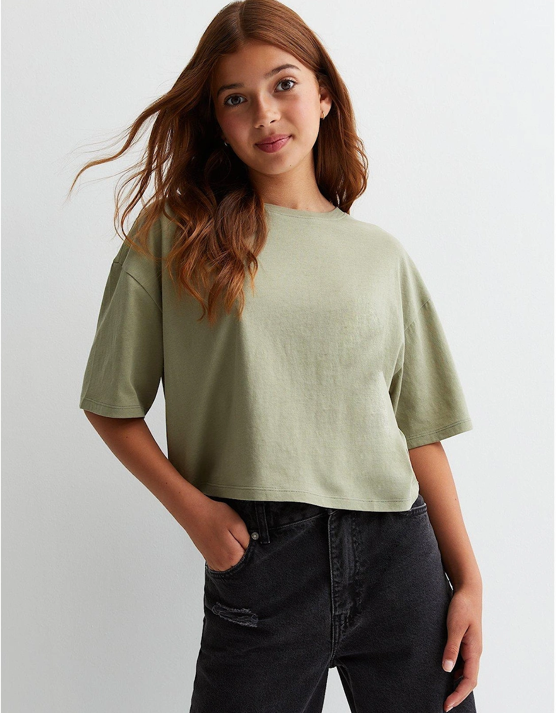 Girls Olive Cotton Boxy T-Shirt, 5 of 4