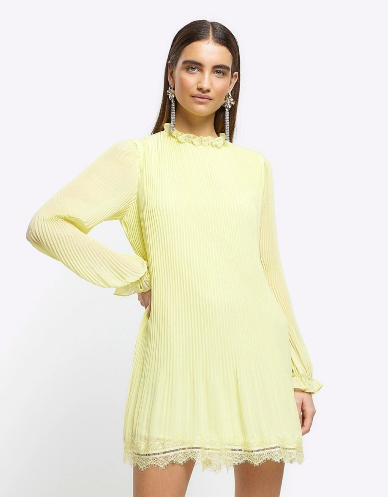 Pleated Lace Hem Dress - Yellow
