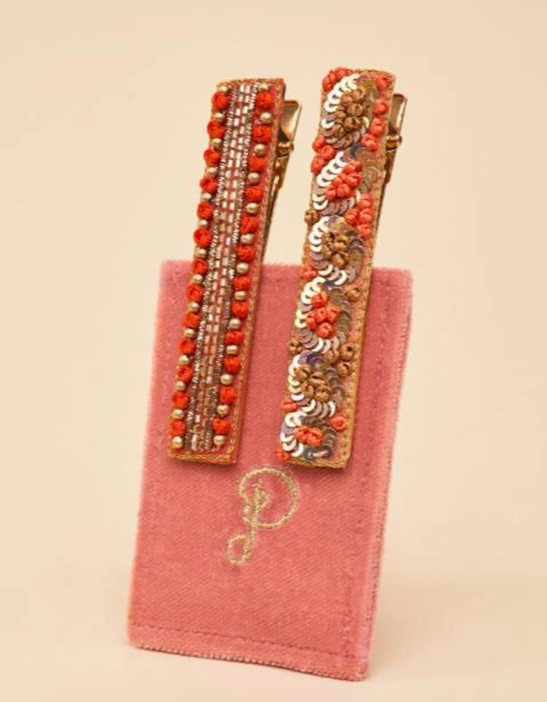 Narrow Jewelled Hair Bar - Coral Ovals & Beads