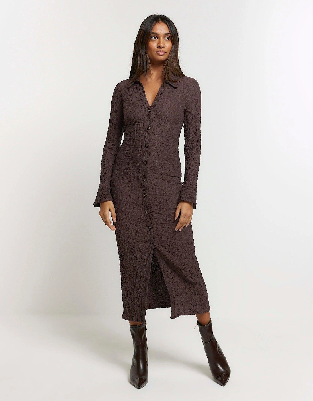 Textured Shirt Midi Dress - Dark Brown, 2 of 1