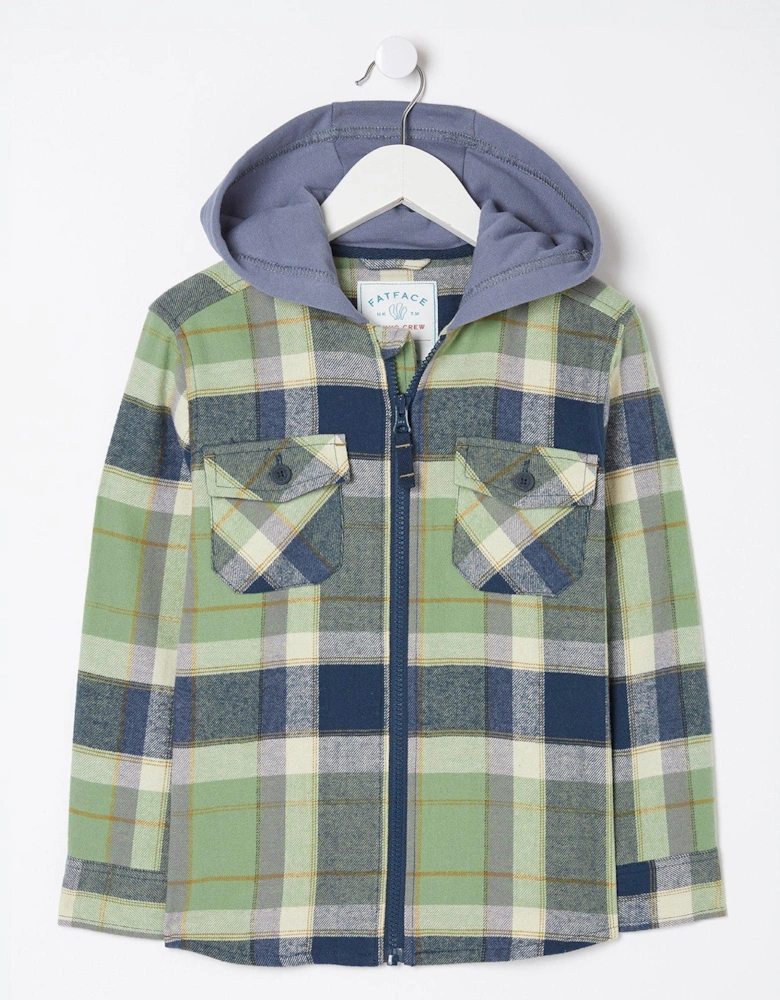 Boys Hooded Check Shacket - Washed Green