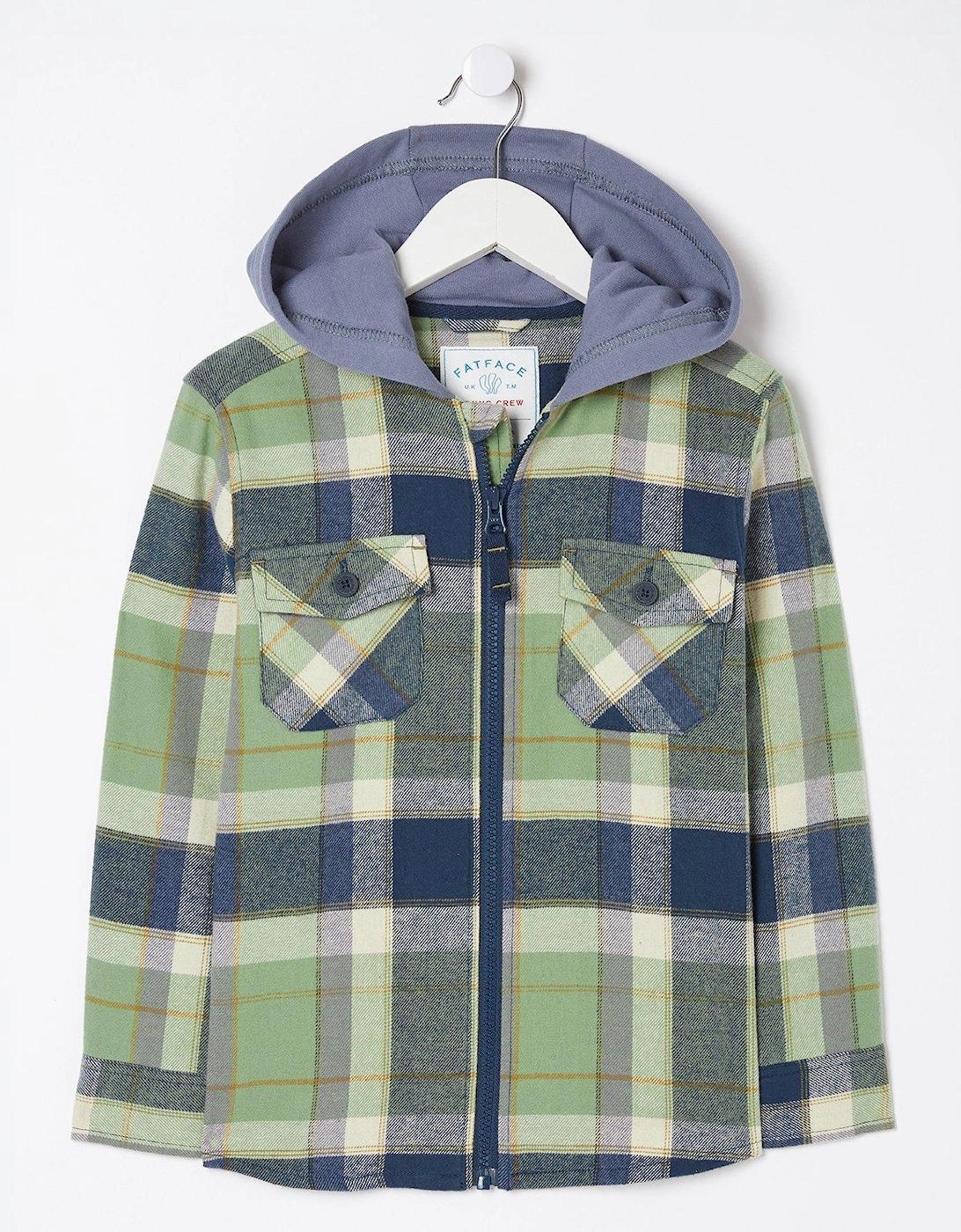 FatFace Boys Hooded Check Shacket - Washed Green, 2 of 1