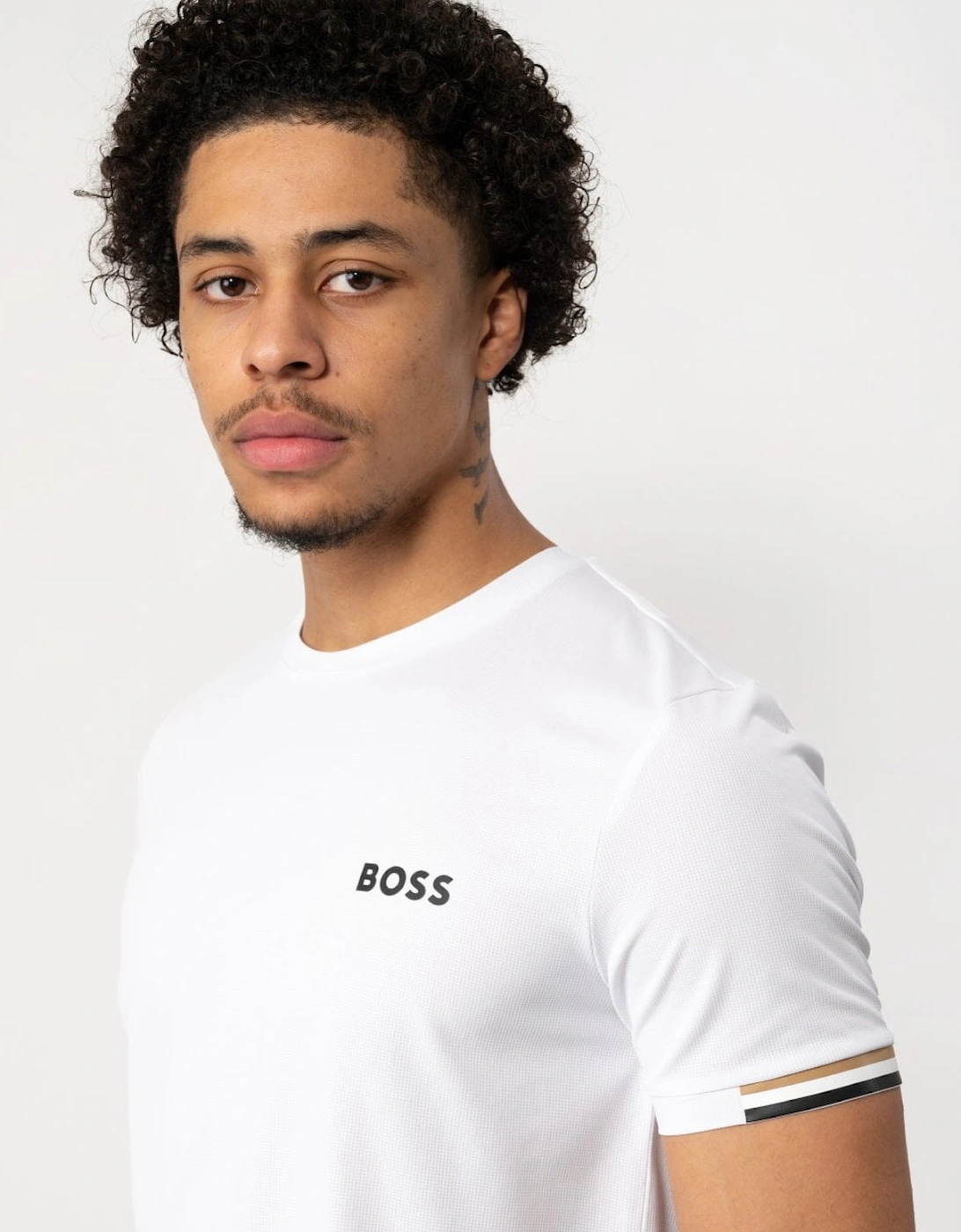 BOSS Green Tee Matteo Berrettini Mens Waffle-Fabric T-shirt with Signature-Stripe Artwork