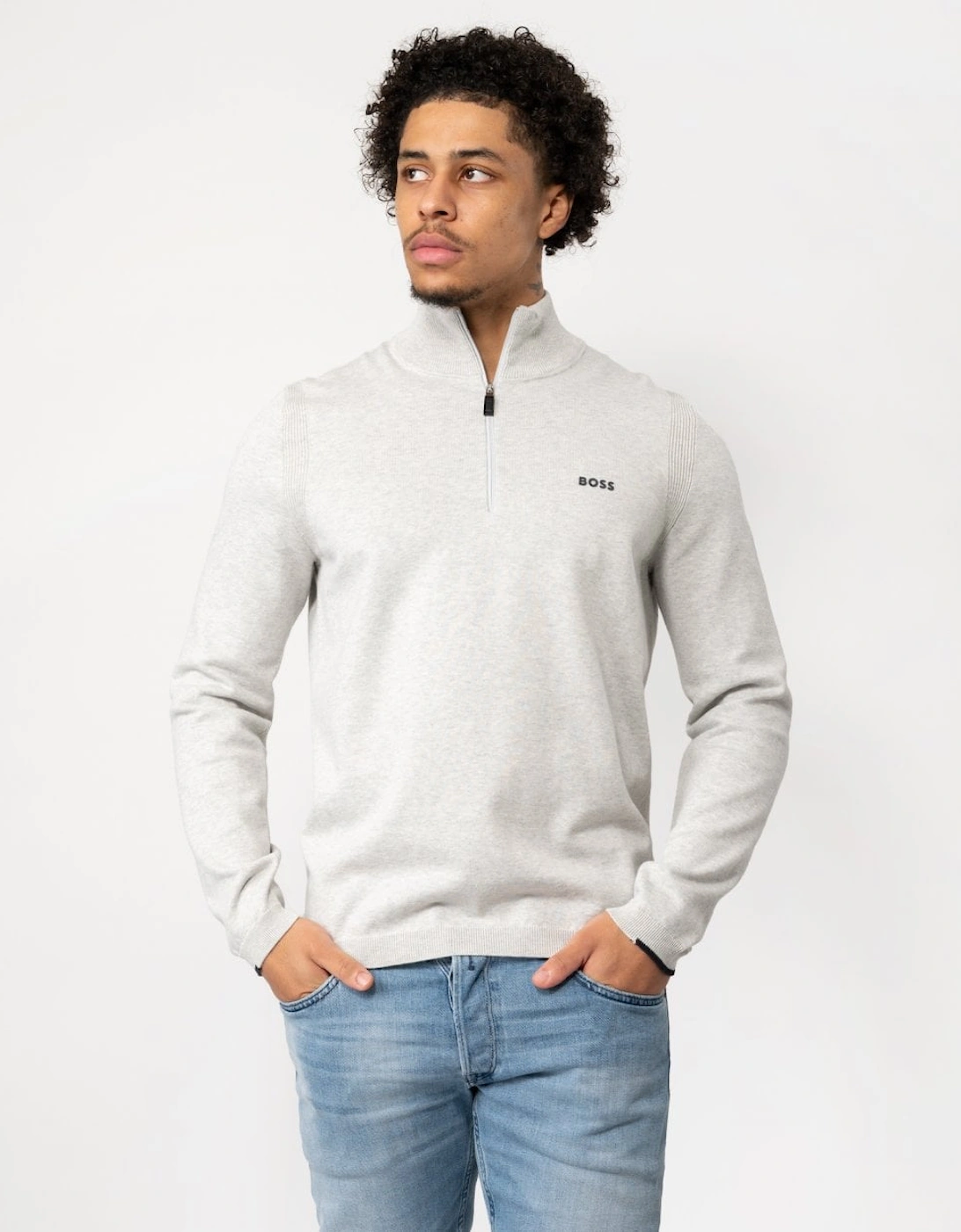 BOSS Green Ever-X Mens Cotton Blend Zip-Neck Sweater with Logo Print, 5 of 4