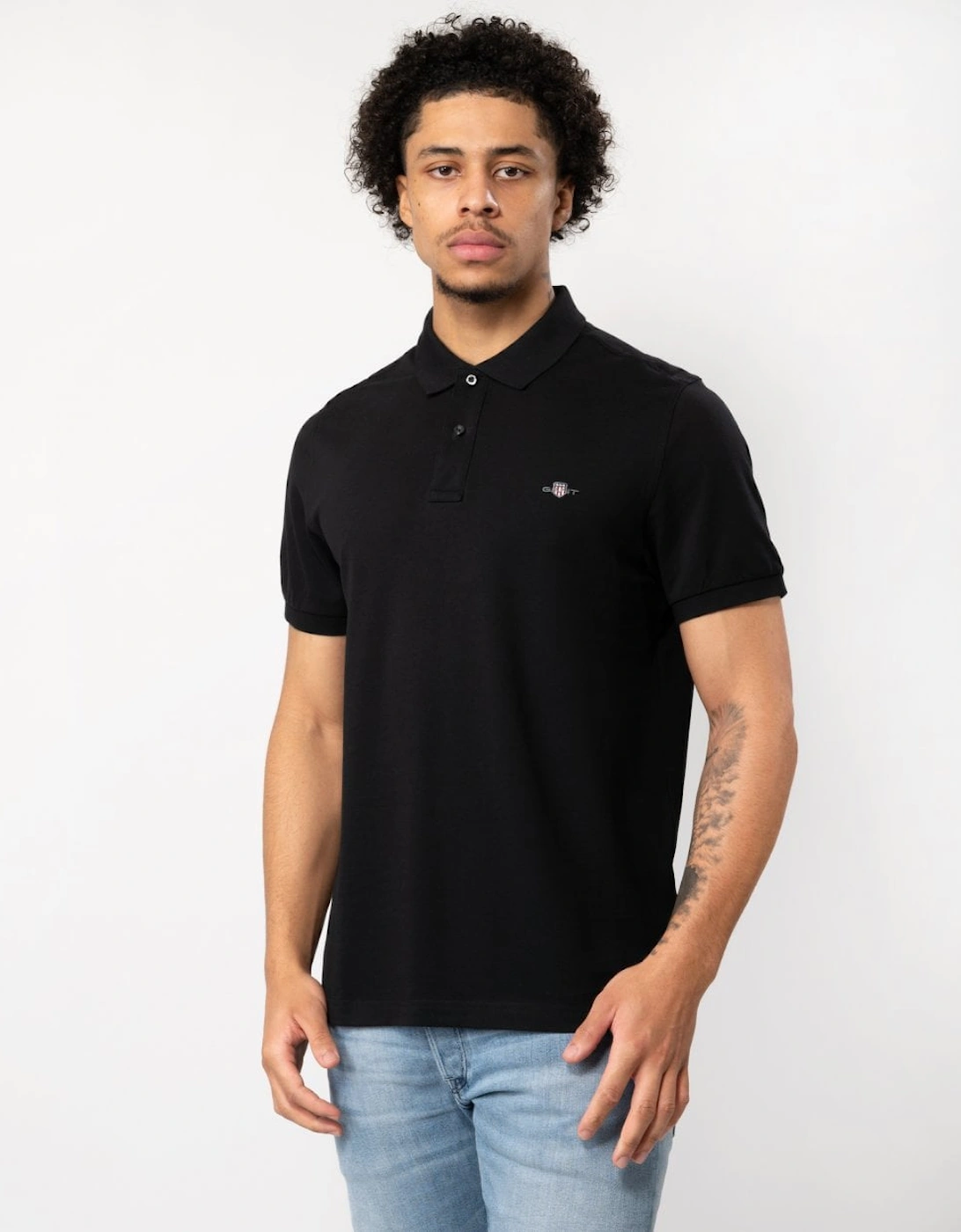 Gant Men's Black Regular Fit Short Sleeve Shield Logo Pique Polo - - : 48/Regular 4XL