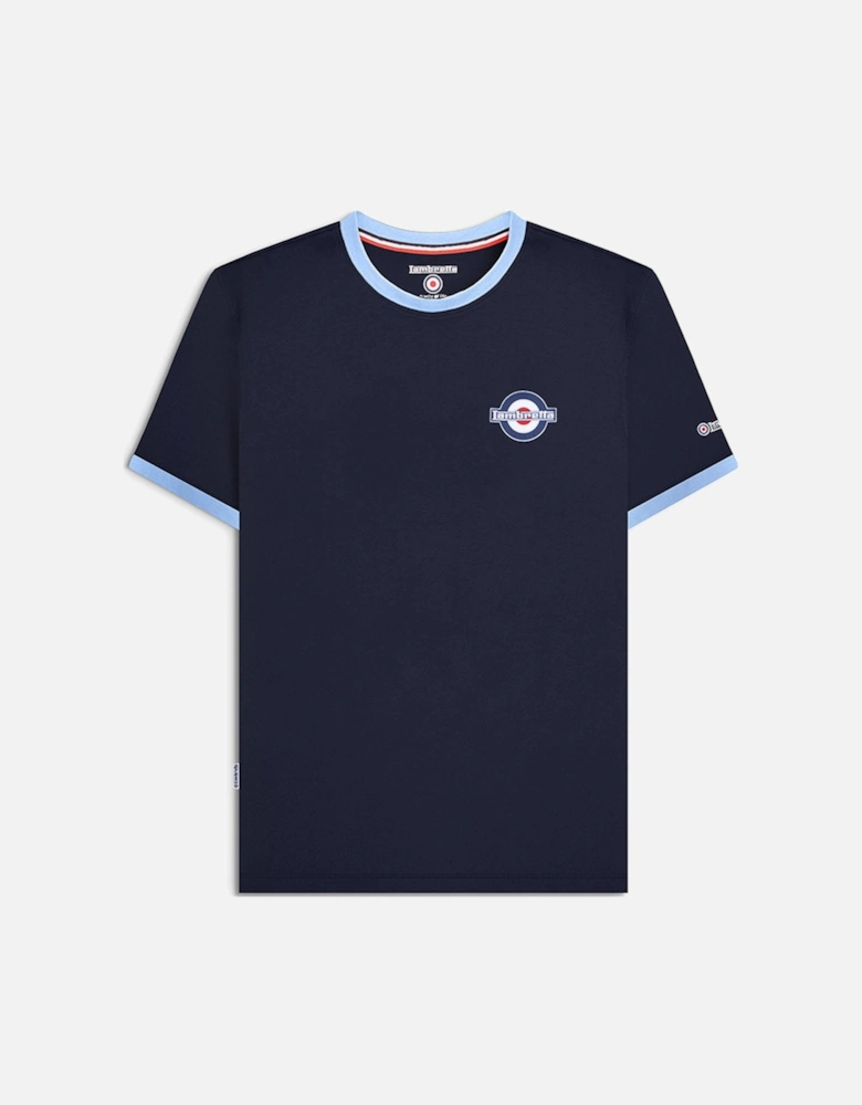 Mens Small Logo Ringer Retro T-Shirt - Navy