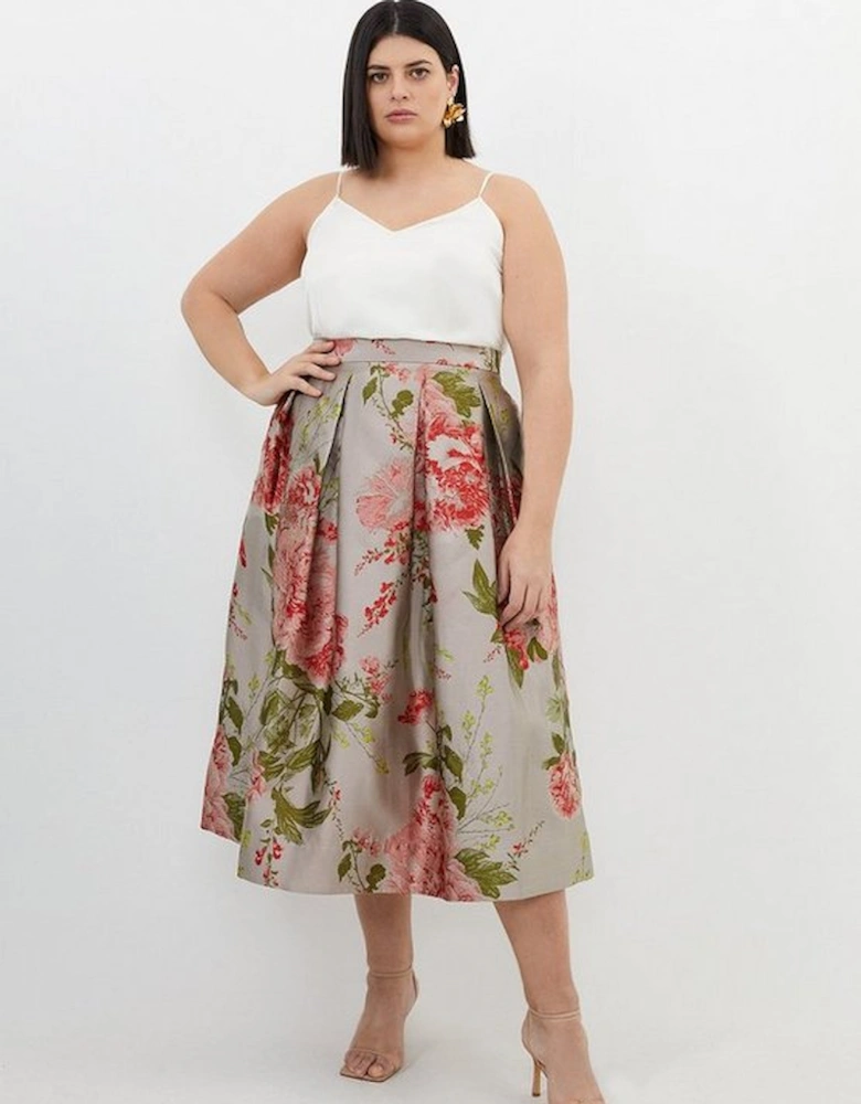Plus Size Vintage Floral Print Woven Prom Midi Skirt