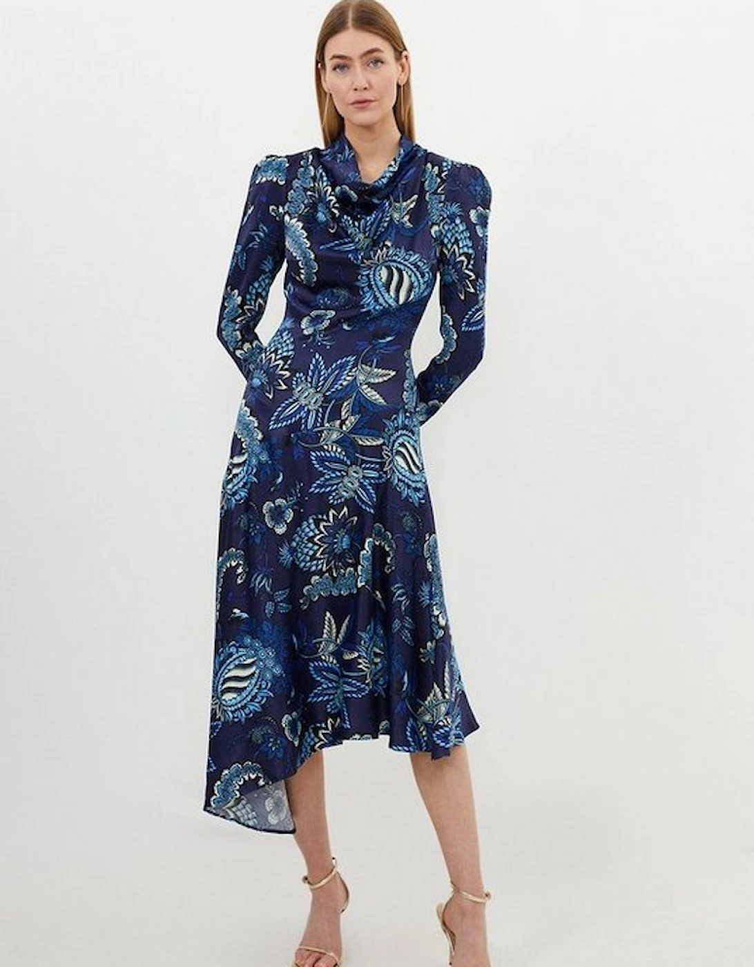 Floral Print Viscose Satin Asymmetric Woven Midi Dress, 5 of 4