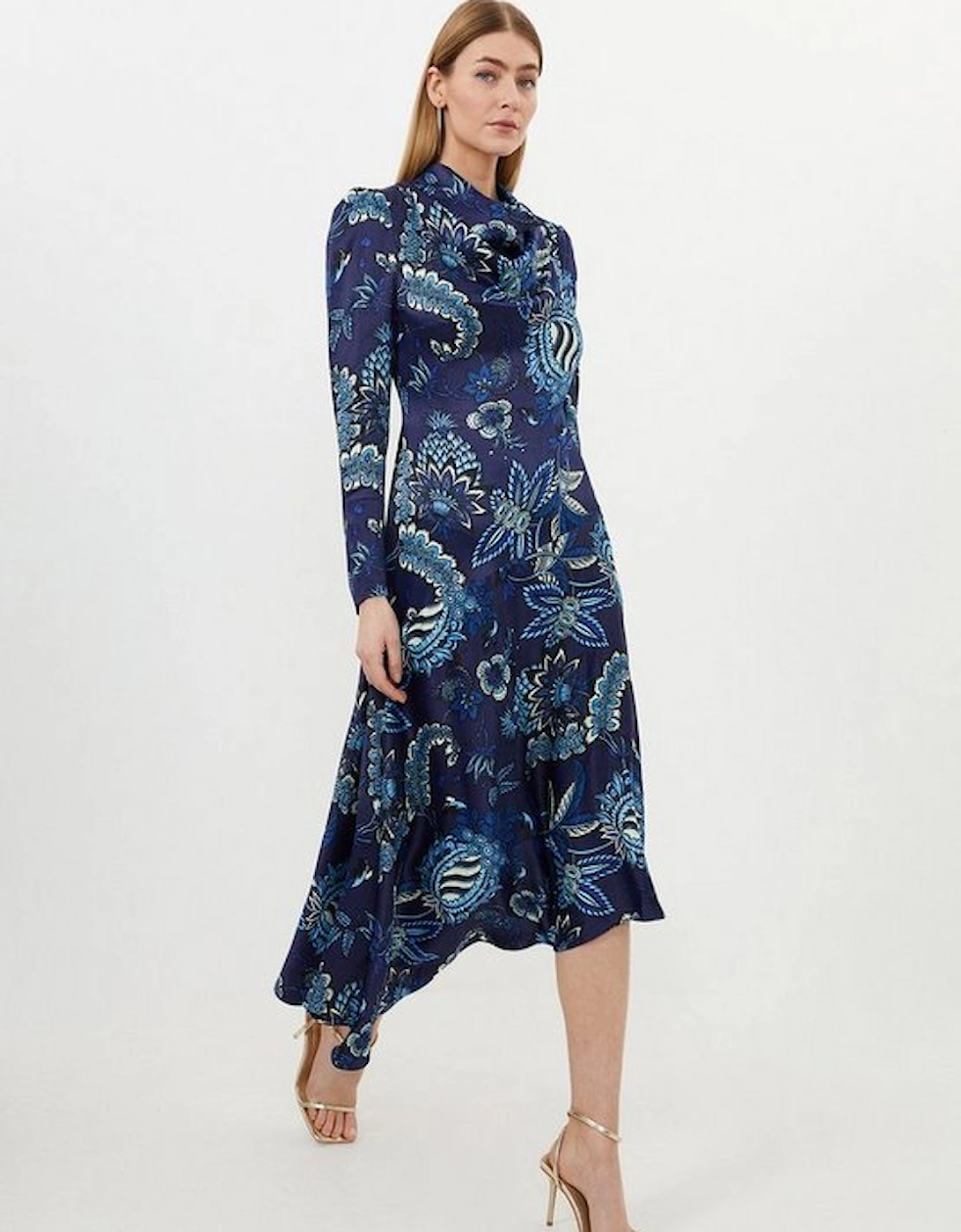 Floral Print Viscose Satin Asymmetric Woven Maxi Dress