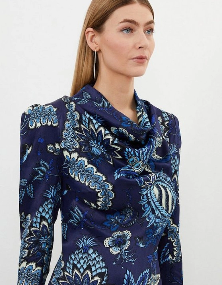 Floral Print Viscose Satin Asymmetric Woven Midi Dress