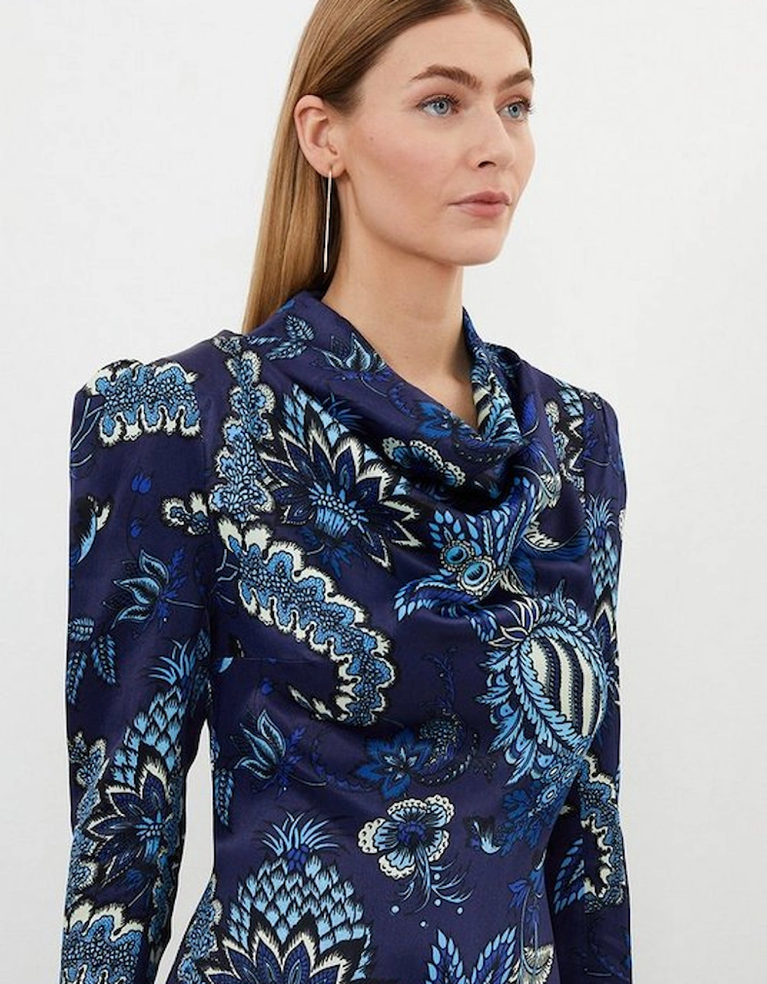 Floral Print Viscose Satin Asymmetric Woven Maxi Dress