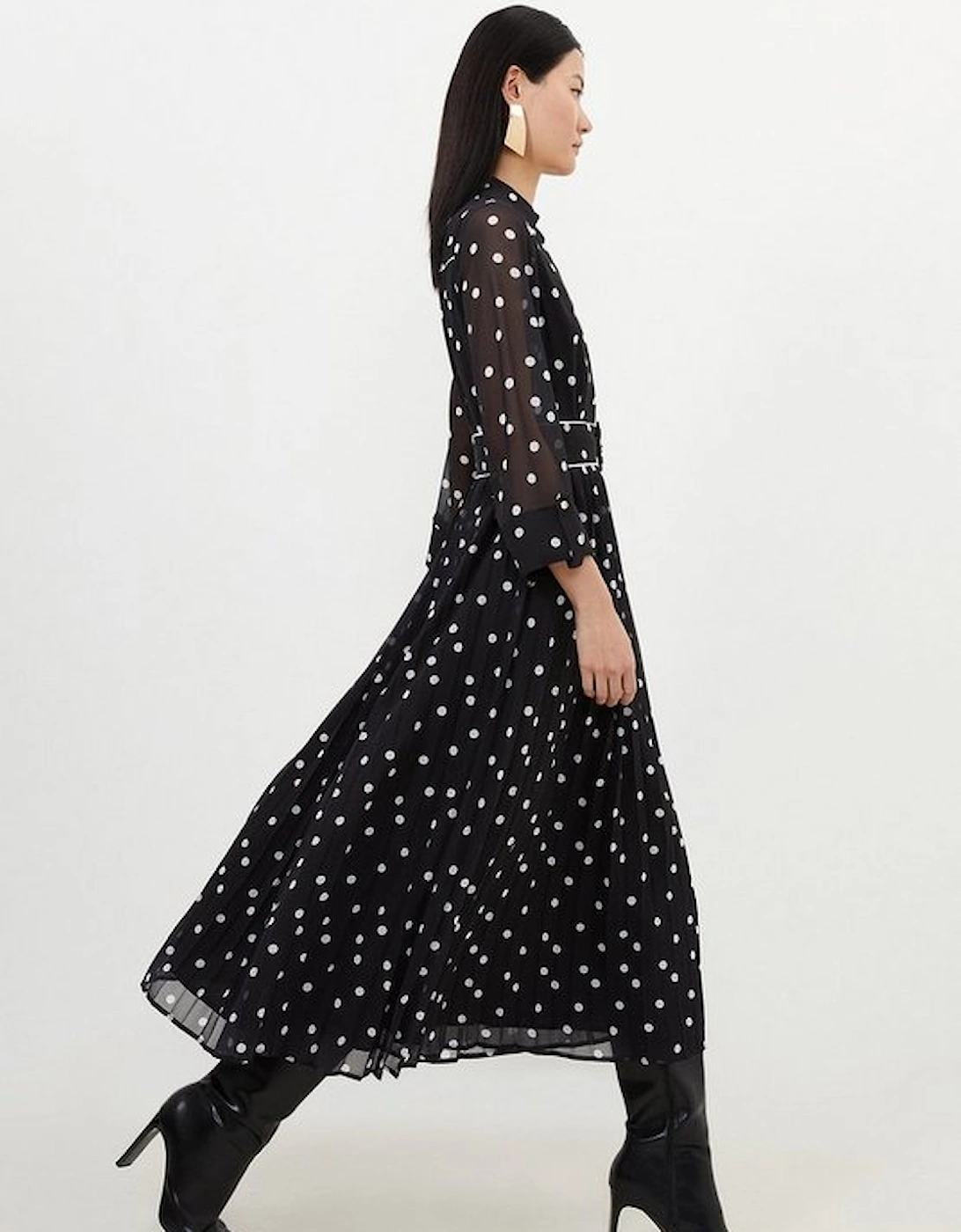 Petite Pleated Contrast Georgette Spot Woven Midi Dress