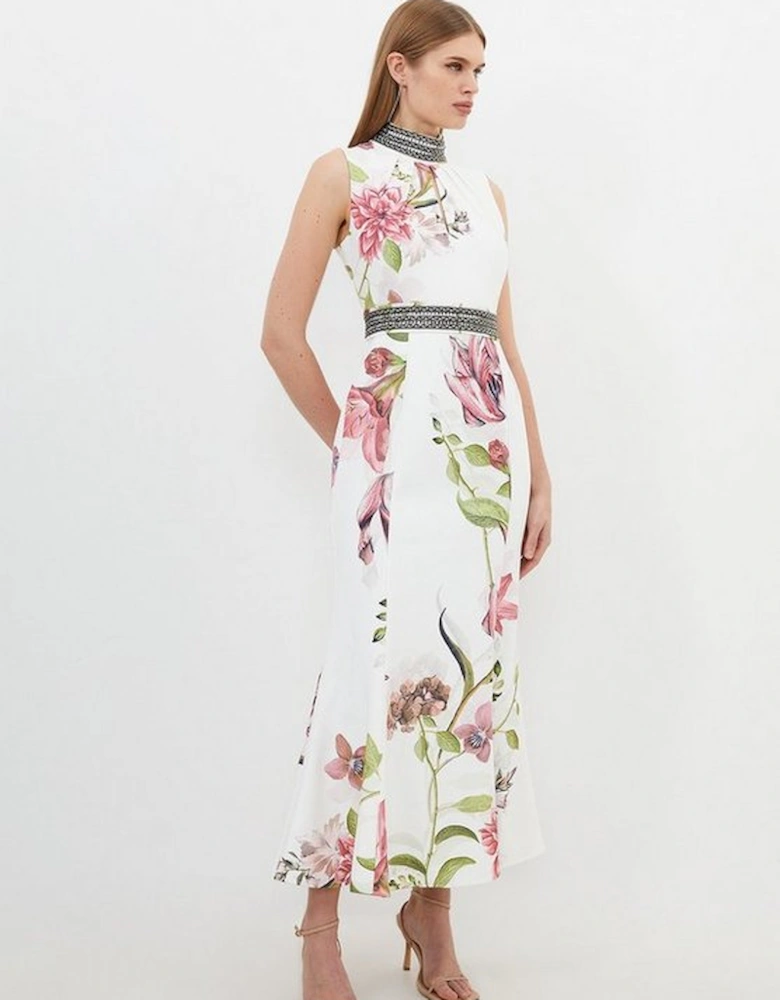 Diamante Trim Delicate Floral Woven Sleeveless Maxi Dress
