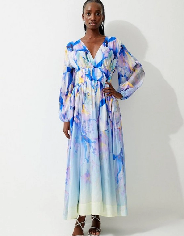 Ombre Floral Silk Cotton Plunge Maxi Dress