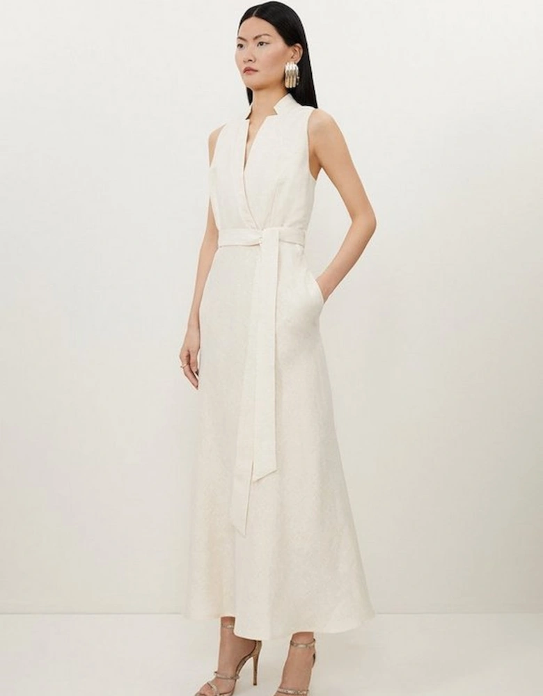 Tall Tailored Linen Metallic Notch Neck Maxi Dress