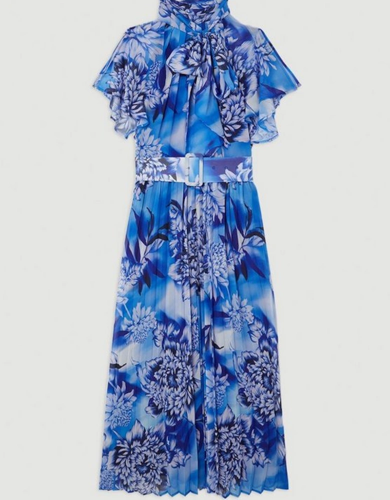 Blue Rose Georgette Pussy Bow Woven Midi Dress