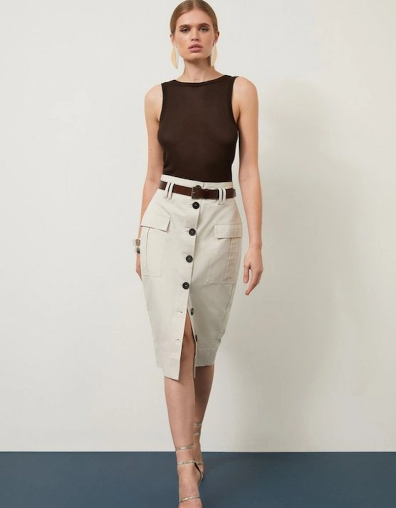Twill Canvas Cargo Pocket Button Front Belted Tailored Midi Skirt