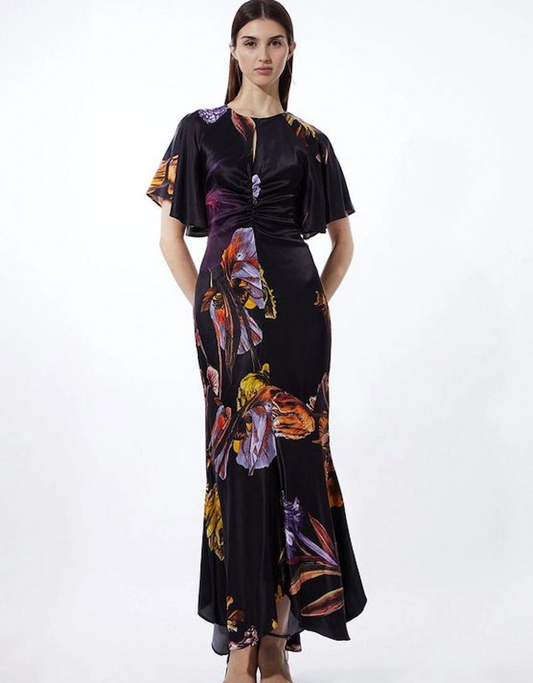 Petite Midnight Floral Satin Woven Angel Sleeve Maxi Dress, 4 of 3